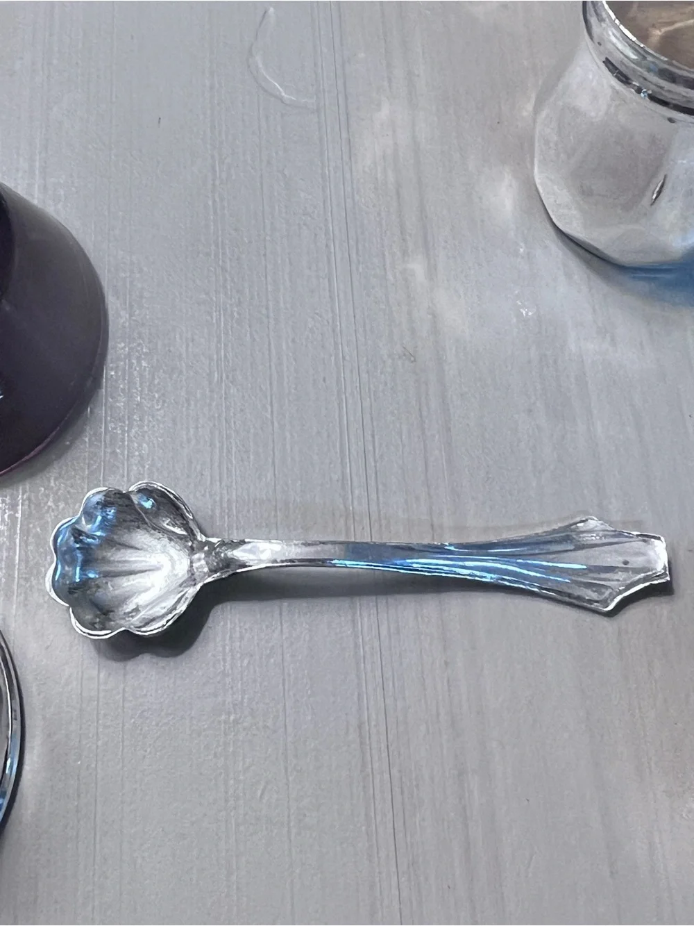Vintage Sterling Silver Salt Cellar with Amethyst Glass , Shell Spoon & Shaker